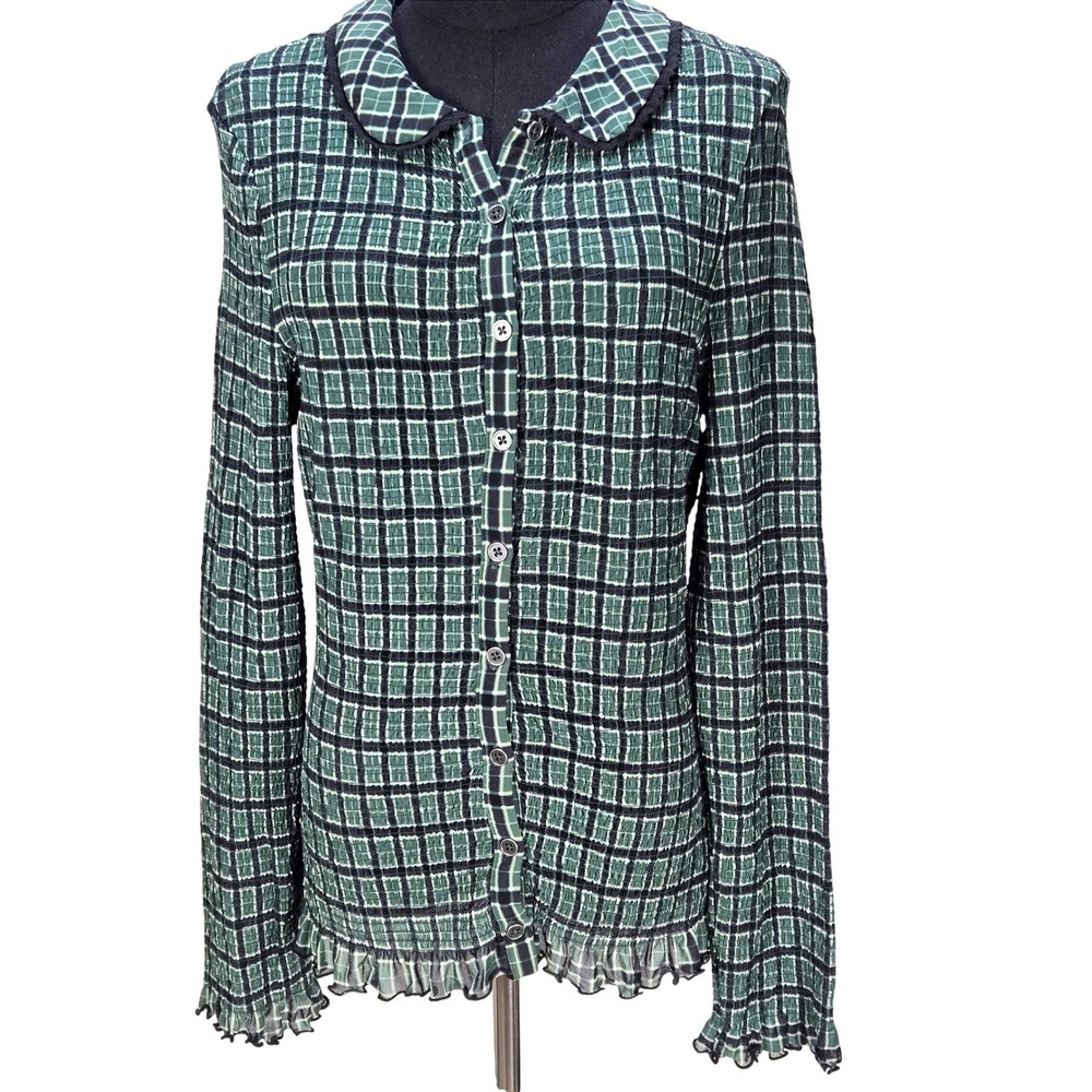 Women's Free People Large Caught A Feeling Green Plaid Smocked Ruffle Button Top